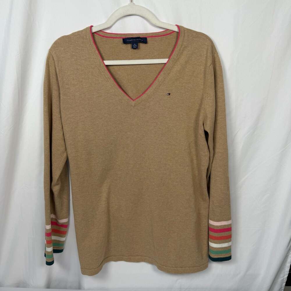 Tommy Hilfiger Women's Tan V-Neck Sweater with Striped Cuffs Size XL